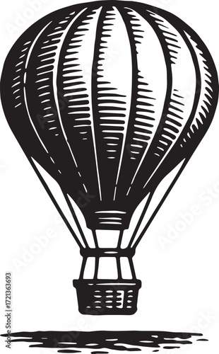 Hot air balloon linocut illustration in bold black and white style, vintage etching design