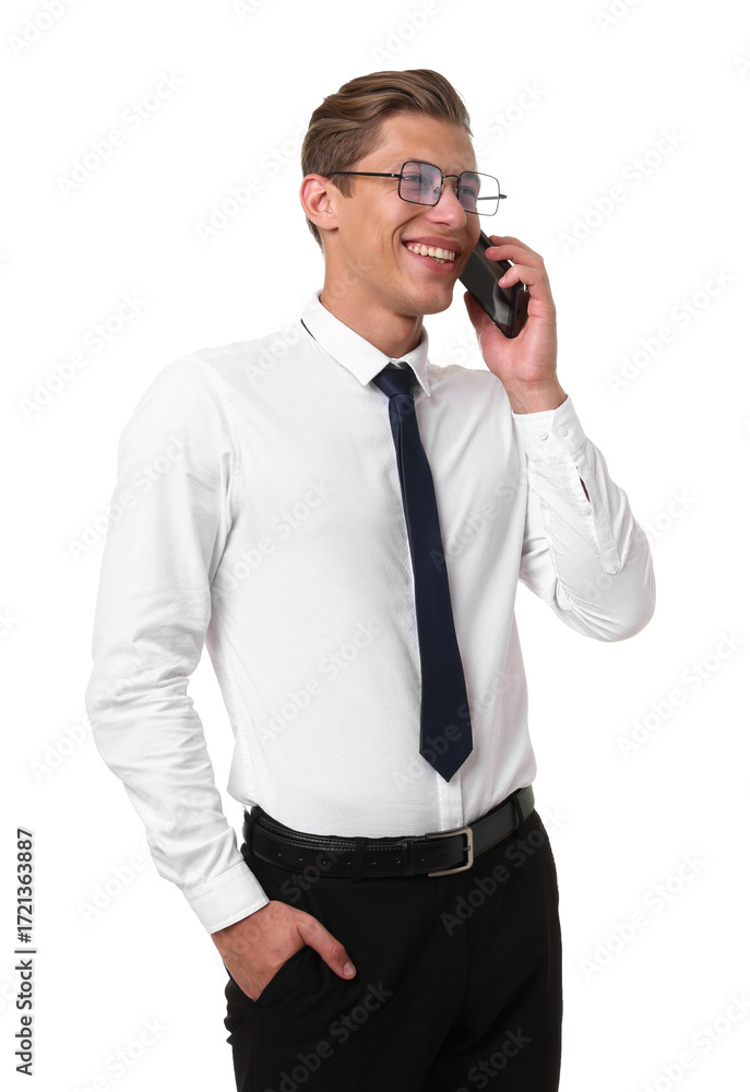 Naklejka premium Portrait of happy businessman talking on phone on white background