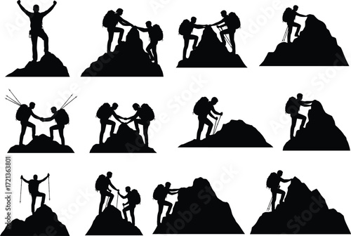 Mountain climber silhouette vector set, teamwork, adventure, hiking, helping, peak success, outdoor challenge, rope climbing, mountaineering, black isolated illustrations, scalable design