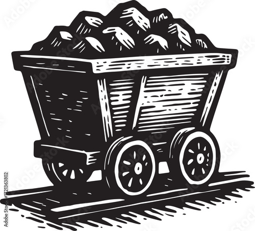Vintage miner's cart on railway tracks in bold black and white linocut etching style