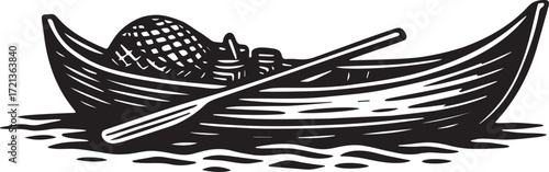 Traditional canoe illustration in bold linocut style with paddle and fishing basket on calm waters