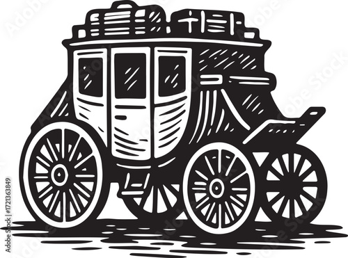 Stagecoach on rough terrain in retro linocut illustration style