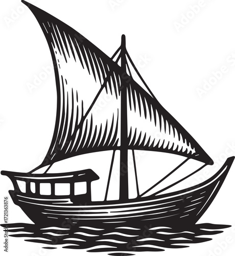 Traditional dhow sailing illustration in vintage linocut etching style