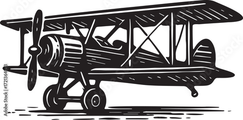 Classic vintage biplane linocut illustration in bold black and white etching design