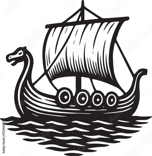Viking longship etching with dragon prow and sail on rippling waters in linocut style