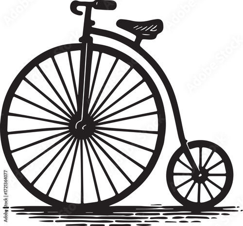 Vintage penny-farthing bicycle linocut illustration in black and white etching style