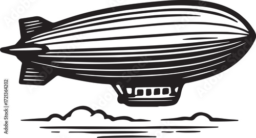 Zeppelin floating above clouds in black and white linocut illustration style