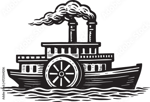 Vintage paddle steamboat with large smokestacks and paddle wheel in detailed ink linocut style