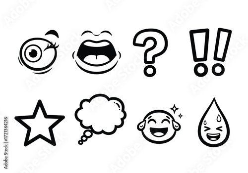 Collection of various cartoon-style illustrations, including eye, mouth, question mark, exclamation points, star, thought bubble, laughing face, and tear.