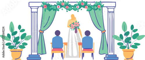 A wedding ceremony is in progress under a beautifully decorated canopy, surrounded by guests and floral arrangements.
