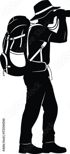 Silhouette of hiker with binoculars, outdoor explorer wearing backpack and hat, nature observation, adventure travel, trekking, birdwatching, wilderness exploration