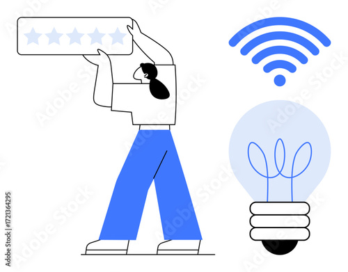 Person lifting five-star review panel with vibrant wireless signal and glowing light bulb nearby. Ideal for innovation, connectivity, reviews, technology, creativity, feedback, success. Simple flat