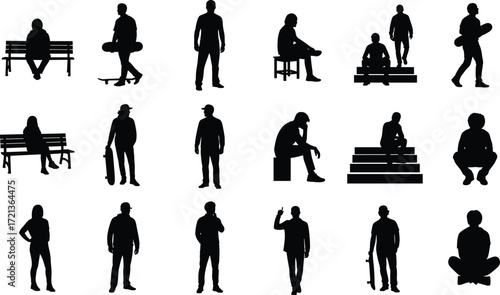 Silhouette people vector set, sitting, standing, squatting, skateboarding, casual poses, urban lifestyle, bench, block, steps, diverse human postures, black figures
