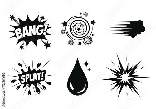 Collection of comic book style special effects and sound effects, including explosions, splatters, and speed lines.