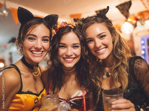 ハロウィンコスチュームで笑顔の女性たち
