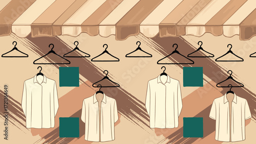 Illustration of shirts hanging from hangers under a striped awning with green square accents