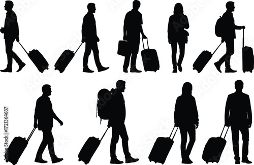Silhouette travelers walking with luggage, airport people with suitcases, travel vector illustration, tourism concept, black walking figures, isolated on white background