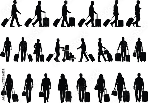 Travel silhouettes, airport people, walking with luggage, vector illustration, tourism concept, business travel, suitcase icons, transit scene, black silhouettes, editable design