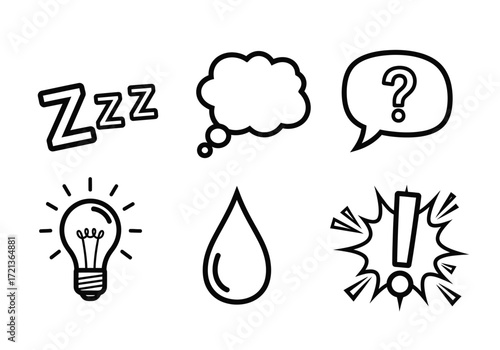 A collection of six black and white line art icons representing sleep, thought, questions, ideas, water, and surprise.