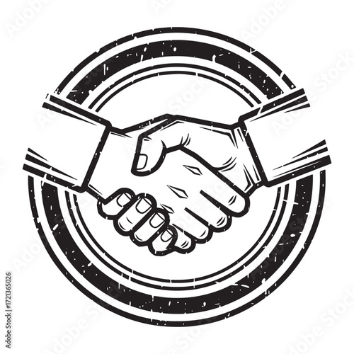 Symbol of partnership and agreement, a handshake within a circular emblem.
