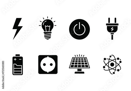 A collection of eight black silhouette icons representing various forms of electricity and energy, including solar, atomic, and battery power.