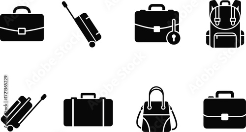 Vector luggage icons, travel bag silhouettes, briefcase, backpack, duffel, suitcase, black and white design, minimalist style, isolated, editable, commercial use