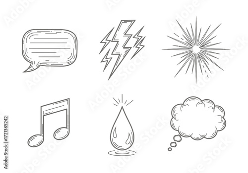A collection of six hand-drawn sketch icons representing communication, energy, celebration, music, water, and thought.