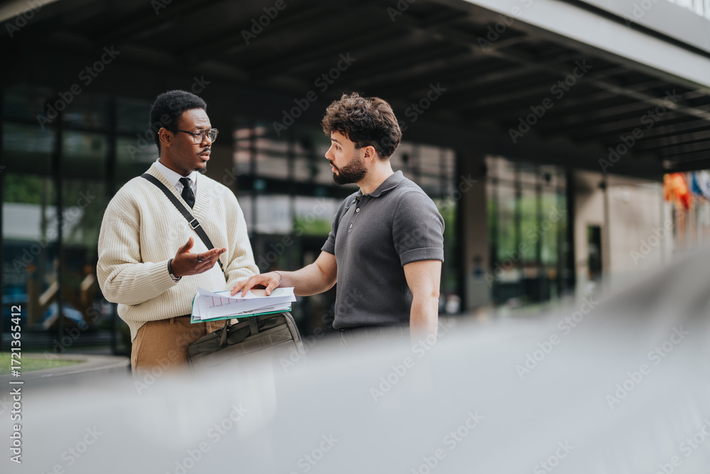 © qunica.com - Two colleagues engage in a serious conversation, reviewing documents in a professional setting outside. © qunica.com - Two colleagues engage in a serious conversation, reviewing documents in a professional setting outside.