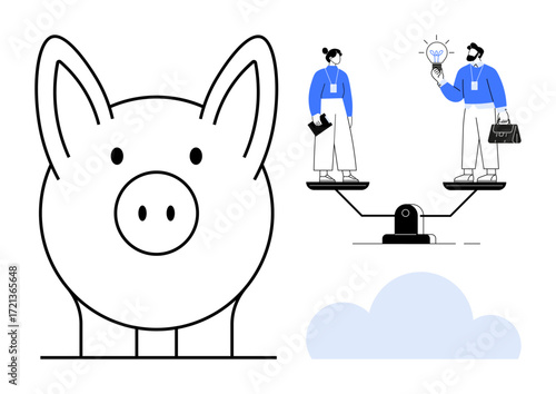 Piggy bank facing viewer, two professionals on scales balancing light bulb idea and business case. Ideal for finance, teamwork, savings, investment, decision-making, business strategy, simple flat