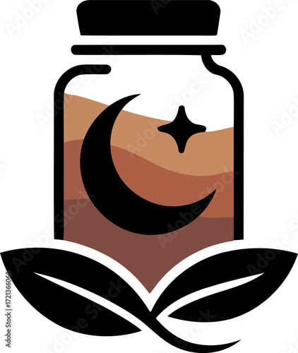 Black crescent moon and star inside a jar with brown layers and leaves night