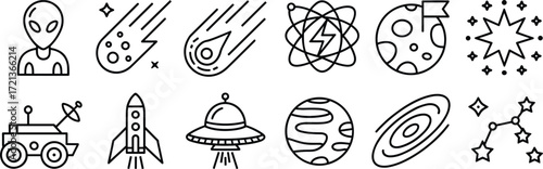 Space and astronomy icons including alien, meteor, comet, atom, moon, starburst, rover Keywords