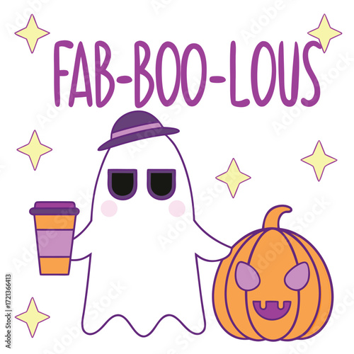 Cute ghost holding coffee and standing next to a pumpkin isolated on white background, with the text fabboolous and stars around it