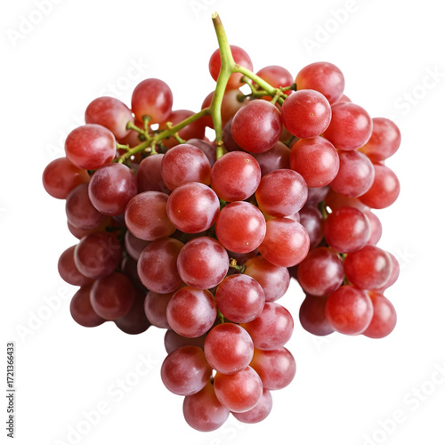 Vibrant bunch of ripe red grapes hangs fresh and juicy on a clean white background
