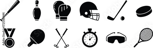 Sports equipment icons including baseball bat, bowling pin, boxing gloves, helmet, golf club