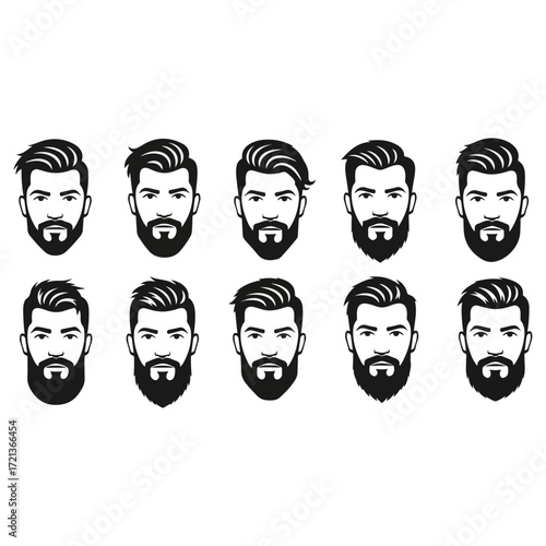 Beard styles collection, various haircuts and facial hair, vector illustration.