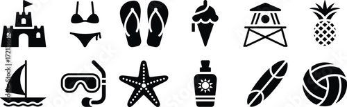 Summer Beach Vacation Icons Collection With Sandcastle And Ice Cream vector illustration