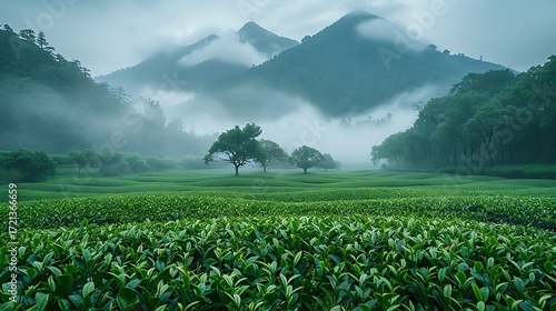 Explore the serene beauty of a tea plantation nestled in misty mountains and lush greenery