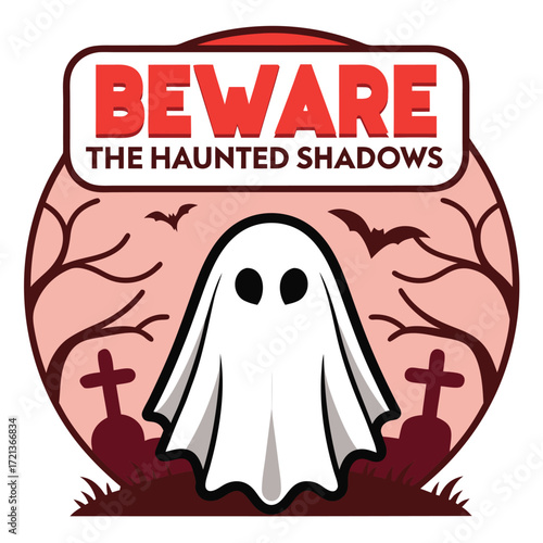 Spooky ghost illustration with graveyard, bats, and trees, and a beware the haunted shadows sign isolated on white background