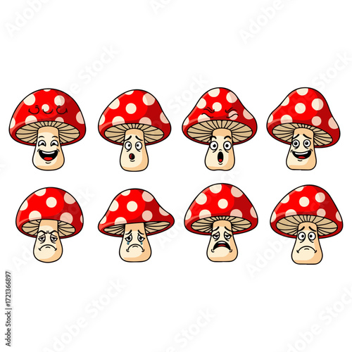 Eight cartoon mushrooms with different facial expressions.