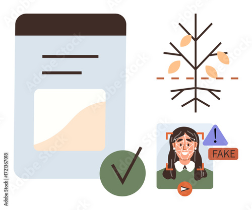 Face recognition tools, tree diagram, warning signs, and approval checkmark. Ideal for AI, biometrics, technology, data security fraud detection decision analysis and innovation. Simple flat