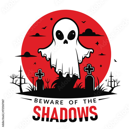Cartoon ghost illustration with graveyard, bats, and trees, and a bearen of the baduwe shoows sign isolated on white background