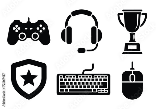 Gaming icons: controller, headset, trophy, shield, keyboard, mouse.