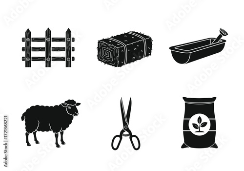 A collection of six black icons representing farming and agriculture, including a fence, hay bale, trough, sheep, shears, and fertilizer.