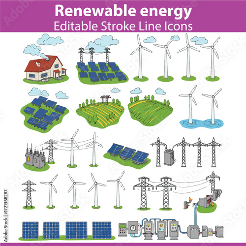 Renewable Energy Vector Illustration Set – Solar, Wind, Hydro, and Sustainable Power Icons
