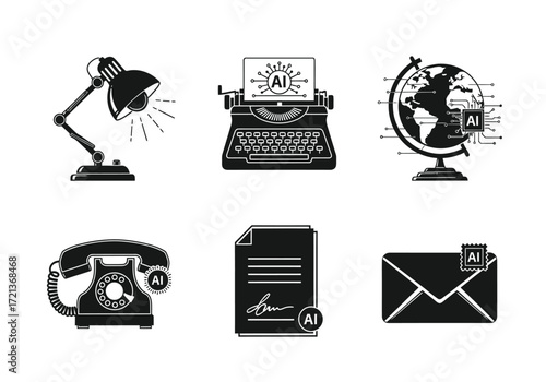 Collection of black and white illustrations featuring office equipment and communication devices.
