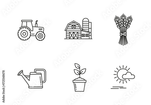 A collection of six simple line art icons representing farming and gardening elements, including a tractor, barn, wheat, watering can, plant, and sun.