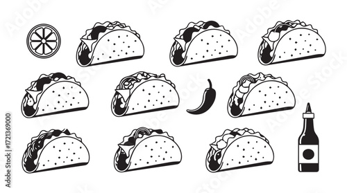 Delicious tacos and mexican food ingredients collection for culinary design silhouette