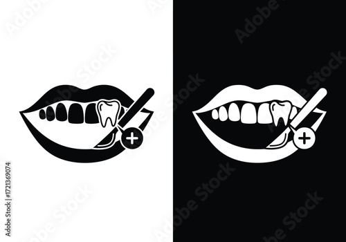 Monochromatic vector illustration of a mouth with teeth, a dental tool, and a plus sign, symbolizing a dental procedure or tooth extraction.