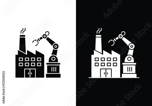 Factory automation: Robotic arm and industrial building.