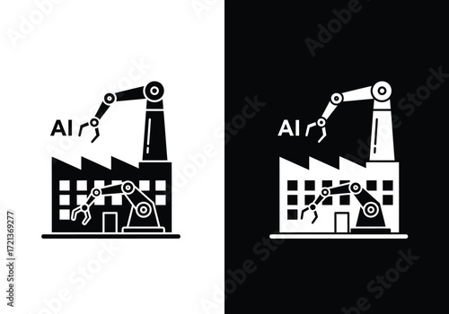 Icon of a smart factory with robotic arms assembling the letters AI, symbolizing industrial automation.